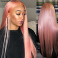 Straight Human Hair Wigs Pink Wig Peruvian Remy Hair Transparent Lace
